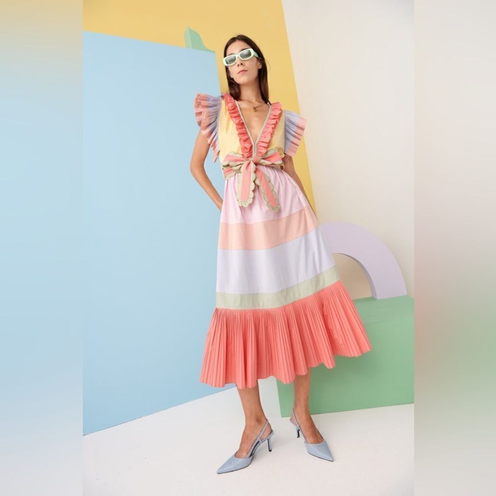 Celia B Marcellene Ruffled Pleated Scalloped Embroidered Midi Dress *Flaw Large - Picture 4 of 16